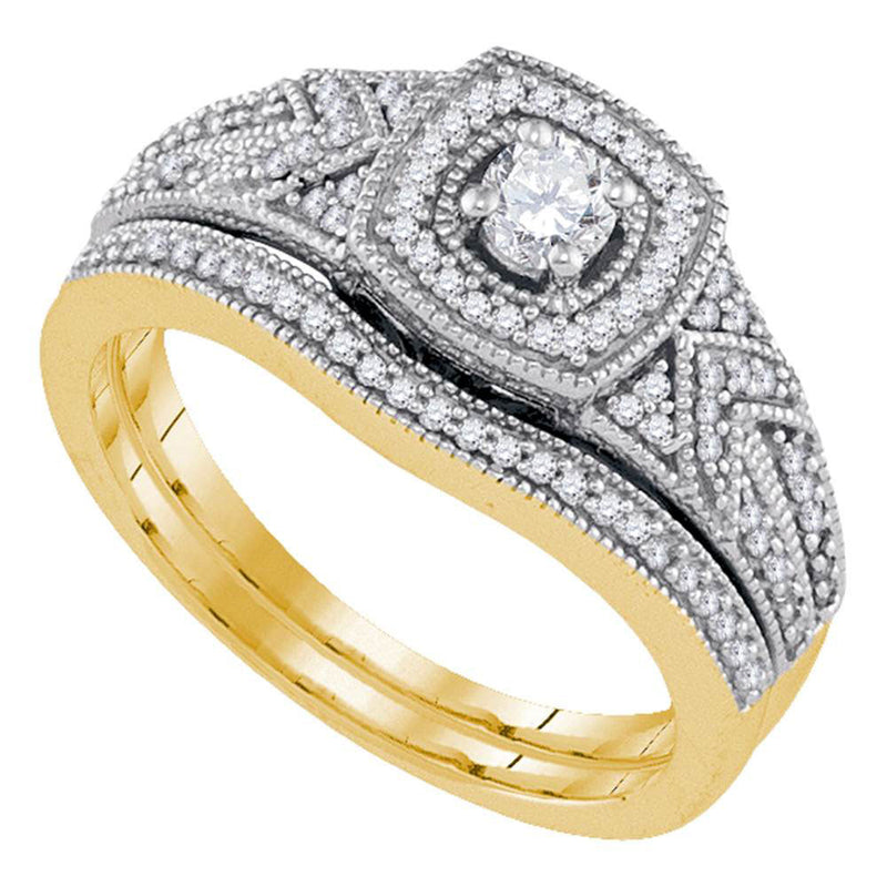 10k Yellow Gold Round Diamond Filigree Bridal Wedding Ring Band Set 3/8 Cttw