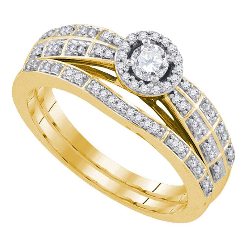 10k Yellow Gold Round Diamond Halo Bridal Wedding Ring Band Set 1/3 Cttw