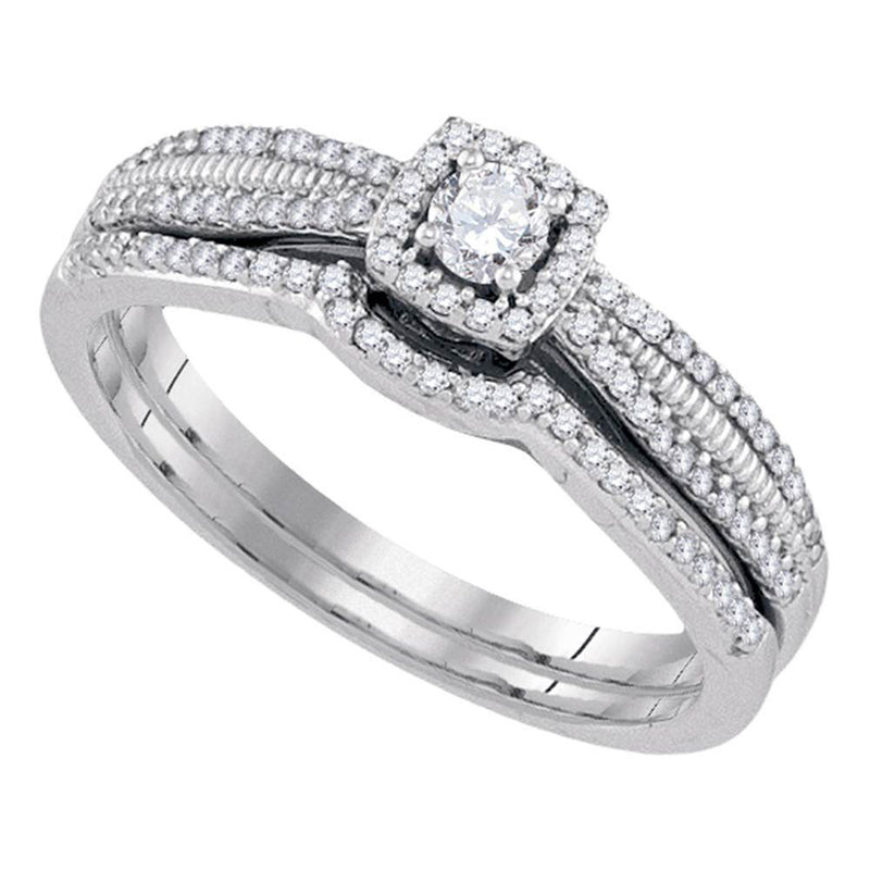 10kt White Gold Round Diamond Halo Bridal Wedding Ring Band Set 1/3 Cttw