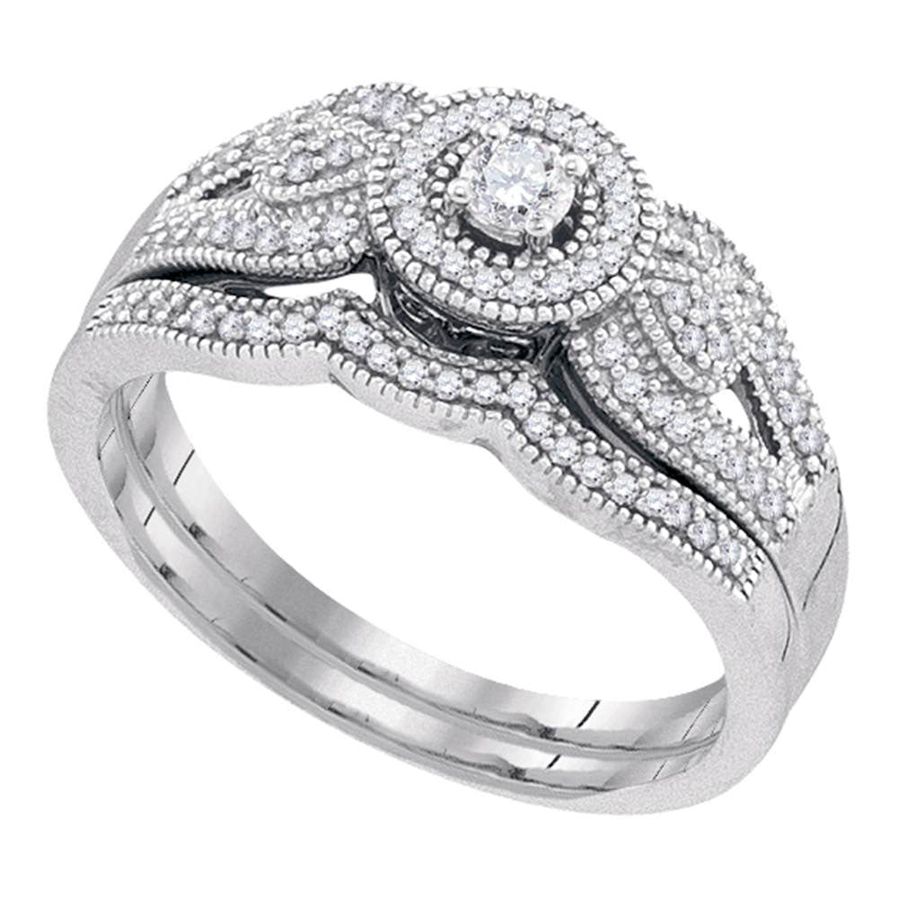 10k White Gold Round Diamond Halo Bridal Wedding Ring Band Set 1/3 Cttw