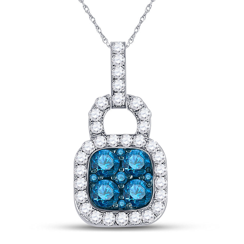 10kt White Gold Womens Round Blue Color Enhanced Diamond Square Pendant 3/4 Cttw