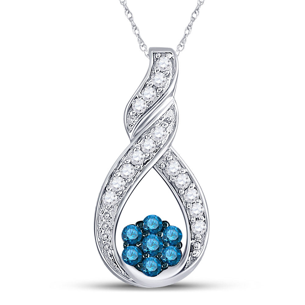 10kt White Gold Womens Round Blue Color Enhanced Diamond Cradled Cluster Pendant 1/4 Cttw