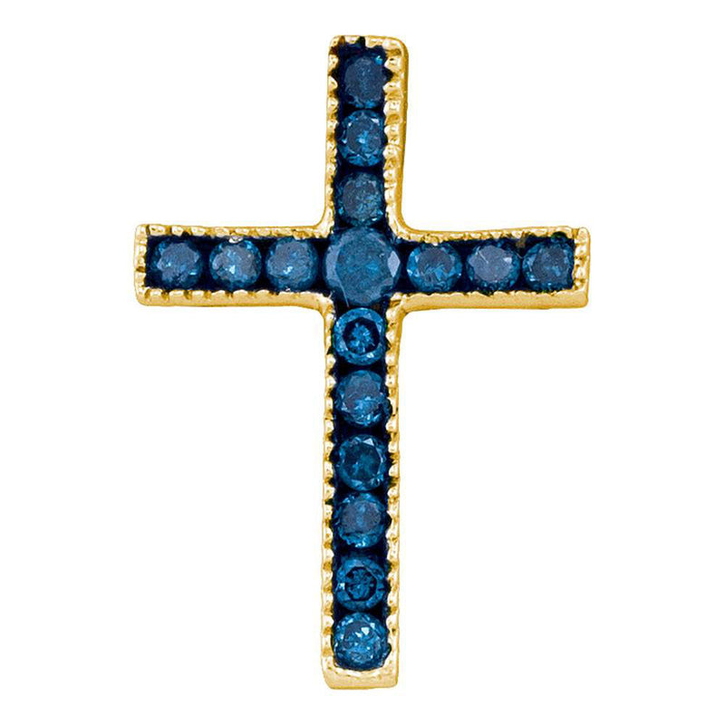 10kt Yellow Gold Womens Round Blue Color Enhanced Diamond Small Cross Pendant 1/6 Cttw