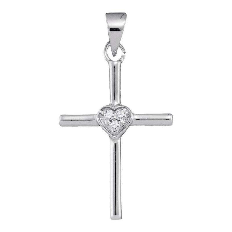 10kt White Gold Womens Round Diamond Small Cross Heart Pendant .03 Cttw