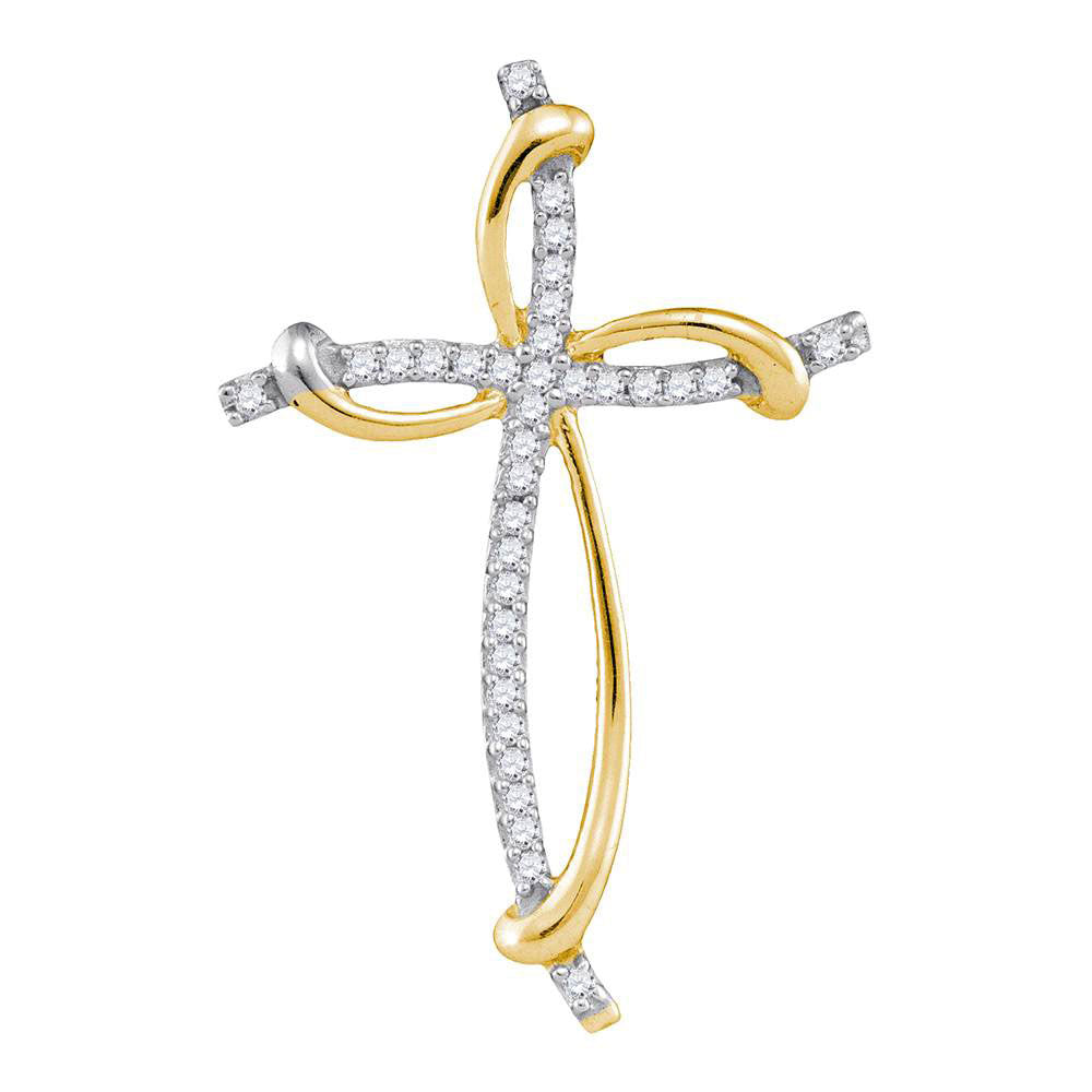 10kt Yellow Gold Womens Round Diamond Curved Cross Pendant 1/10 Cttw