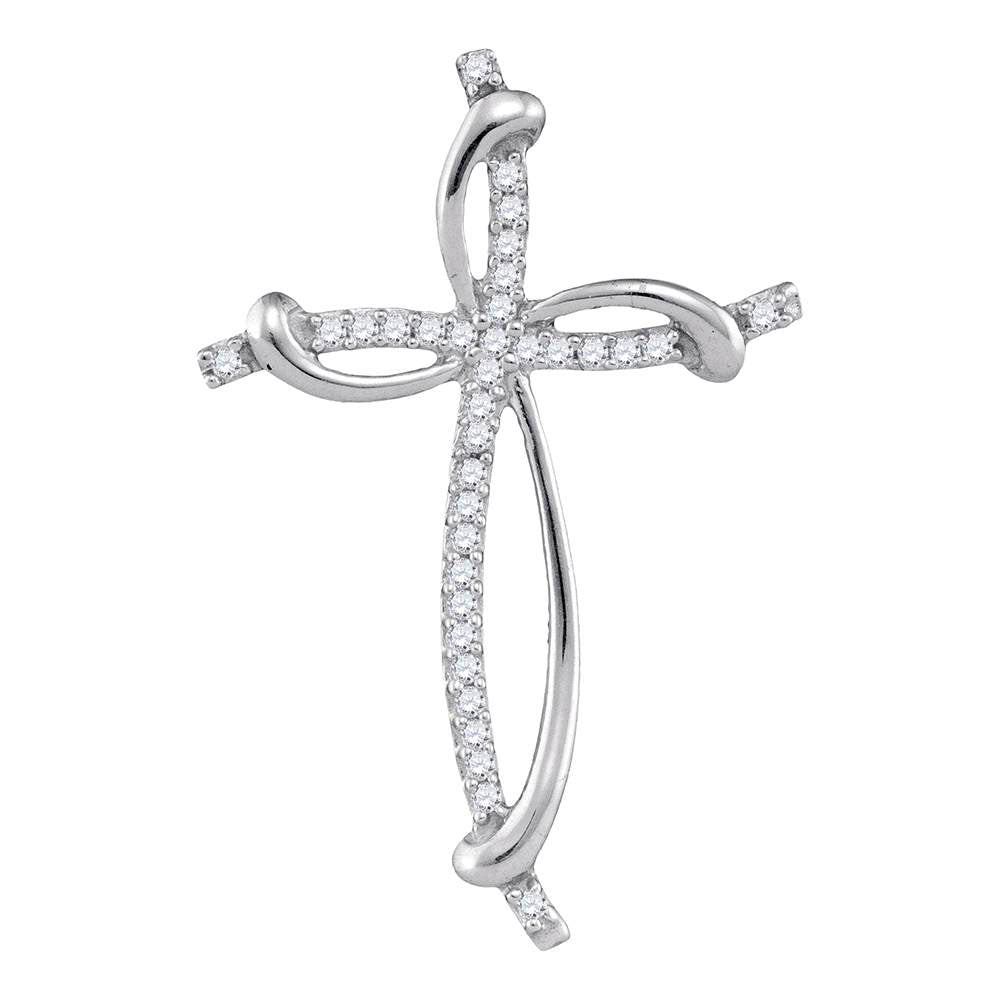 10kt White Gold Womens Round Diamond Slender Curved Open Cross Pendant 1/10 Cttw