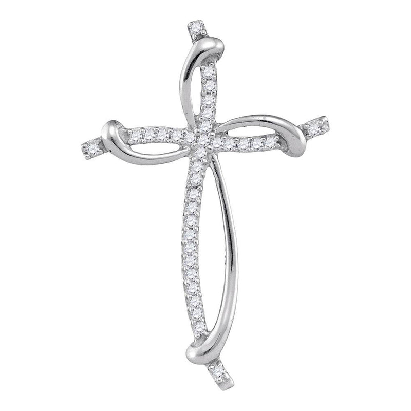 10kt White Gold Womens Round Diamond Slender Curved Open Cross Pendant 1/10 Cttw