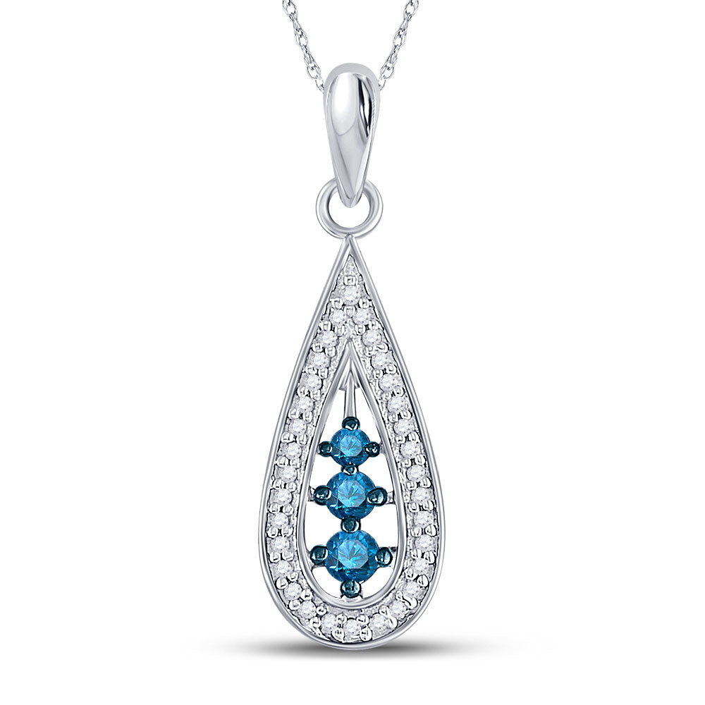 10kt White Gold Womens Round Blue Color Enhanced Diamond Teardrop Pendant 1/5 Cttw