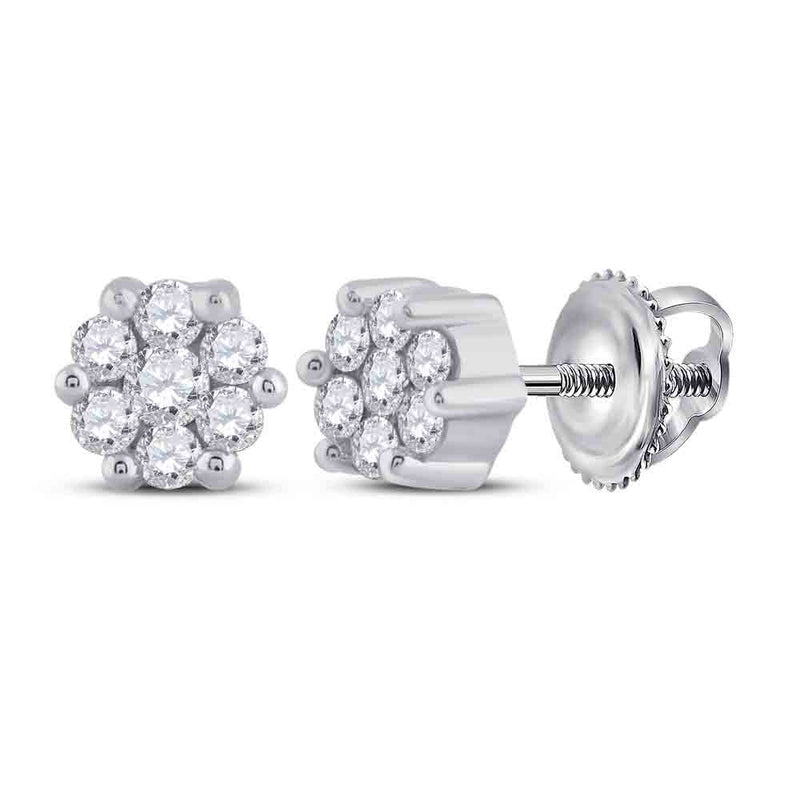 14kt White Gold Womens Round Diamond Flower Cluster Earrings 1/6 Cttw