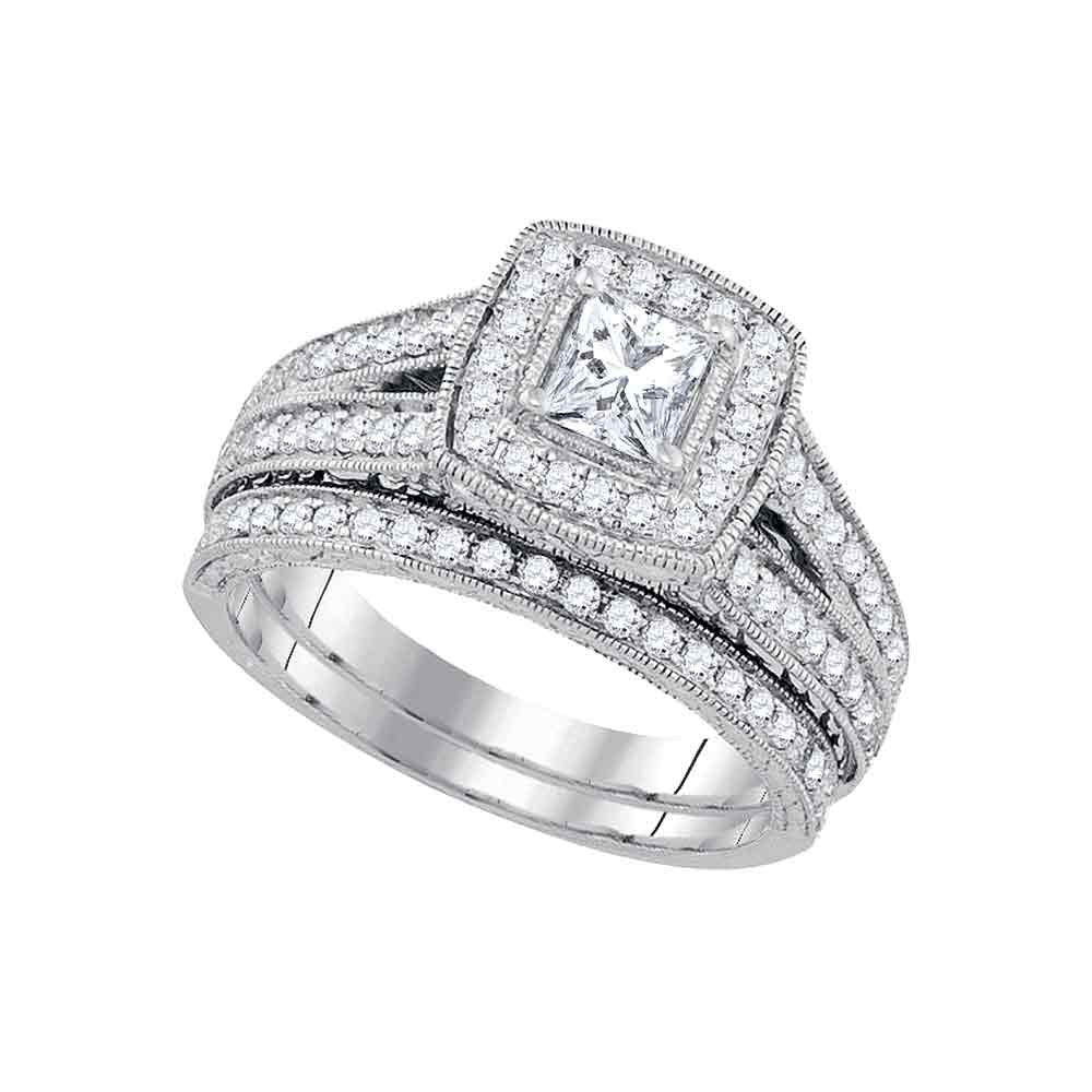 14kt White Gold Princess Diamond Halo Bridal Wedding Ring Band Set 1-1/4 Cttw