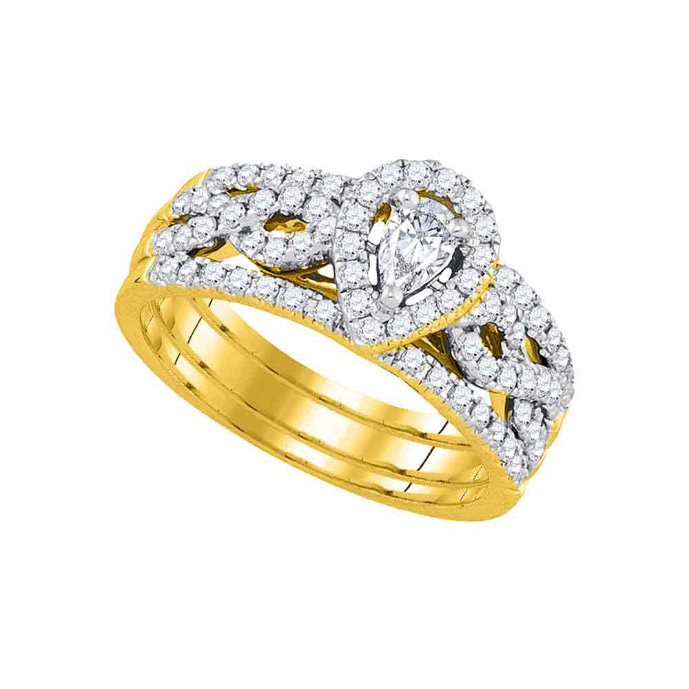 14kt Yellow Gold Pear Diamond 3-Piece Bridal Wedding Ring Band Set 7/8 Cttw