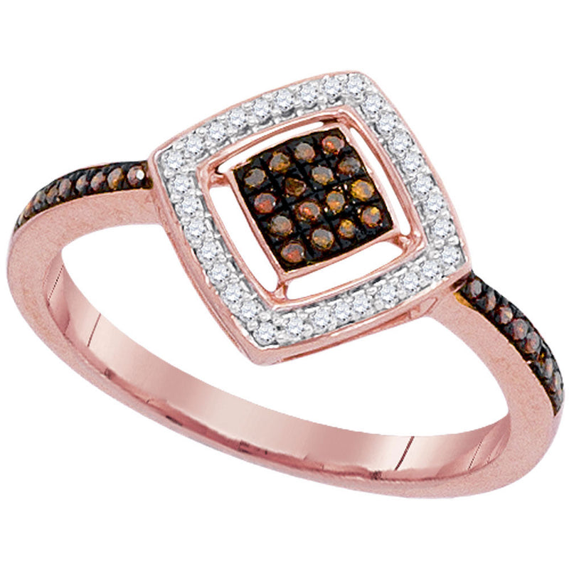 10kt Rose Gold Womens Round Red Color Enhanced Diamond Diagonal Square Cluster Ring 1/5 Cttw