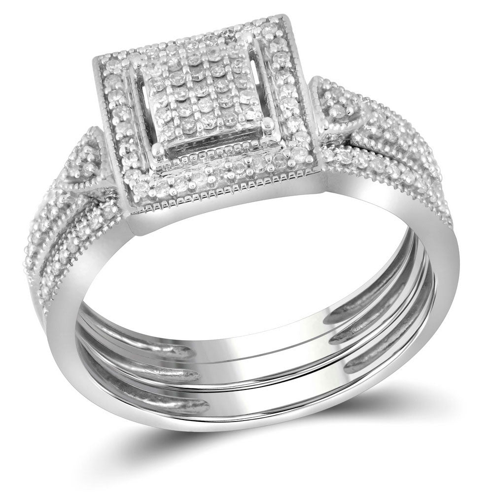 10kt White Gold Diamond Square 3-Piece Bridal Wedding Ring Band Set 1/3 Cttw