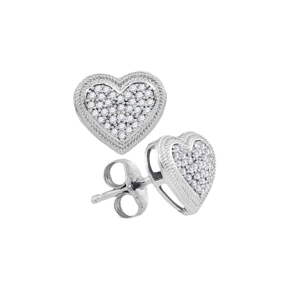 10kt White Gold Womens Round Diamond Heart Cluster Earrings 1/5 Cttw