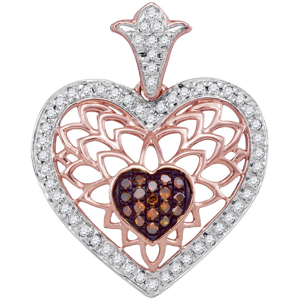 10kt Rose Gold Womens Round Red Color Enhanced Diamond Filigree Heart Pendant 1/4 Cttw