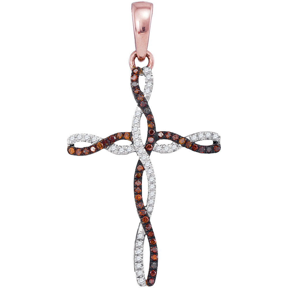 10kt Rose Gold Womens Round Red Color Enhanced Diamond Cross Pendant 1/4 Cttw