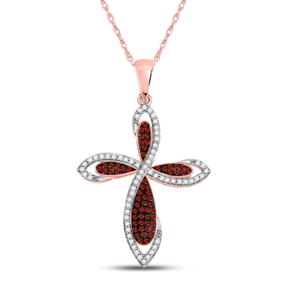 10kt Rose Gold Womens Round Red Color Enhanced Diamond Cross Pendant 1/3 Cttw