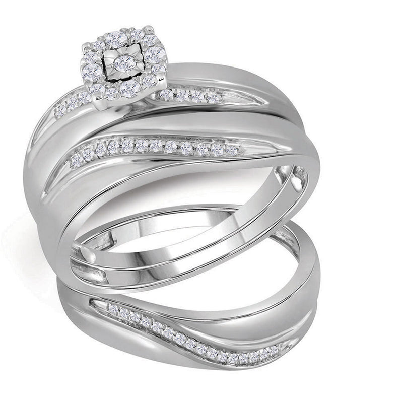 10k White Gold Round Diamond Mens Womens Trio Matching Halo Wedding Bridal Ring Set 1/5 Cttw