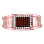 10kt Rose Gold Mens Round Red Color Enhanced Diamond Rectangle Cluster Ring 1/5 Cttw