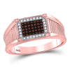 10kt Rose Gold Mens Round Red Color Enhanced Diamond Rectangle Cluster Ring 1/5 Cttw