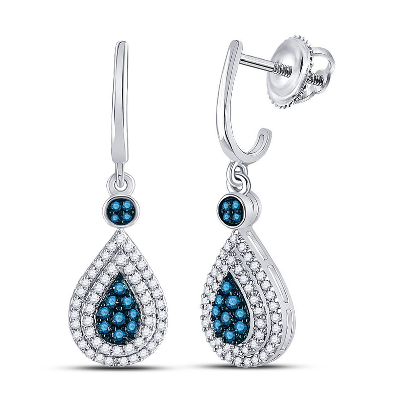 10kt White Gold Womens Round Blue Color Enhanced Diamond Teardrop Dangle Earrings 1/2 Cttw