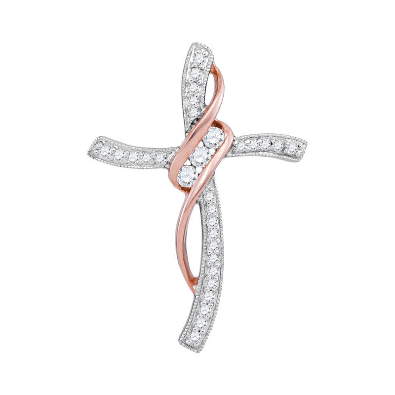 10kt White Gold Womens Round Diamond Rose-tone Cross Ribbon Pendant 1/5 Cttw