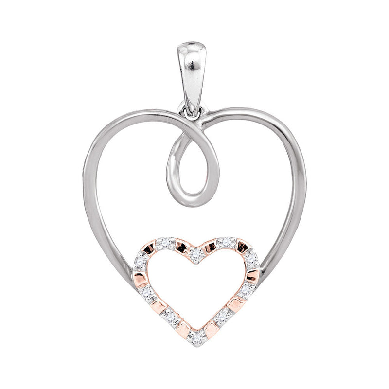 10kt White Gold Womens Round Diamond Rose-tone Double Nested Heart Pendant 1/20 Cttw