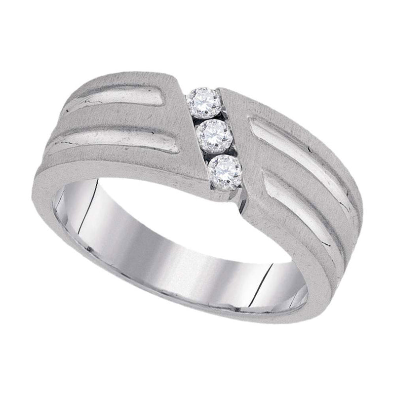 10kt White Gold Mens Round 3-Stone Diamond Textured Groove Wedding Band 1/4 Cttw