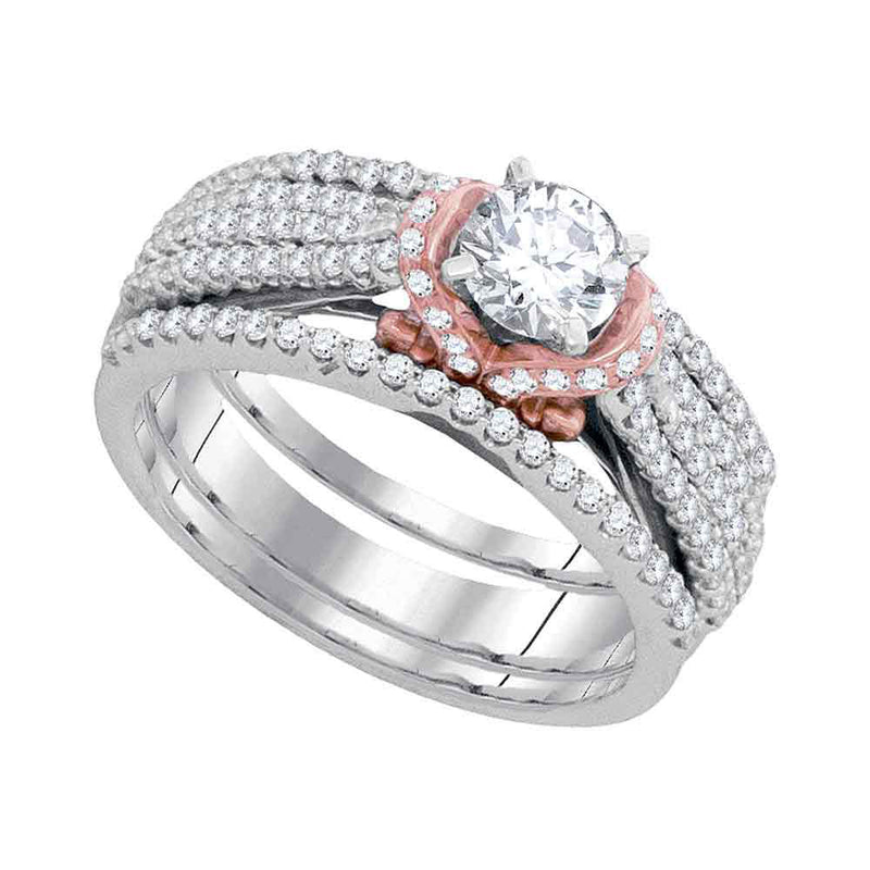 10kt White Gold Round Diamond Rose-tone Bridal Wedding Ring Band Set 1 Cttw