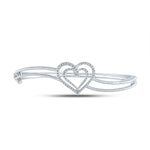 Sterling Silver Womens Round Diamond Double Heart Bangle Bracelet 1/20 Cttw