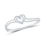 Sterling Silver Womens Round Diamond Double Heart Bangle Bracelet 1/20 Cttw