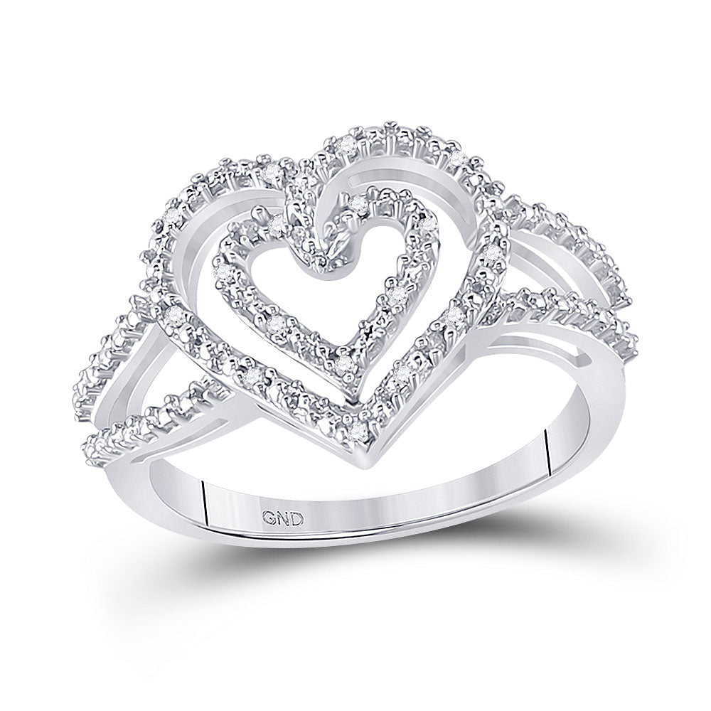 Sterling Silver Womens Round Diamond Nested Double Heart Ring 1/20 Cttw