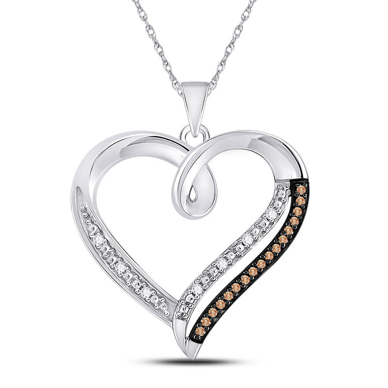 10kt White Gold Womens Round Brown Diamond Heart Pendant 1/6 Cttw