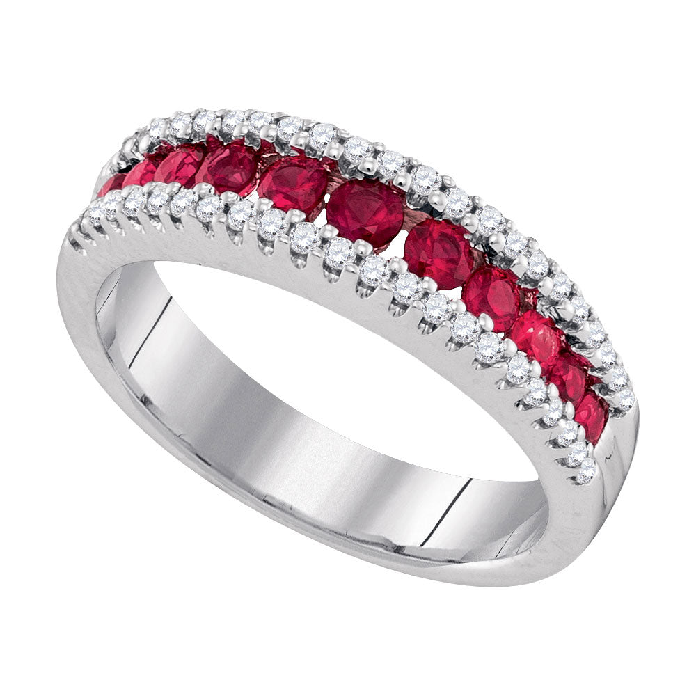 14kt White Gold Womens Round Ruby Diamond Triple Row Band Ring 7/8 Cttw