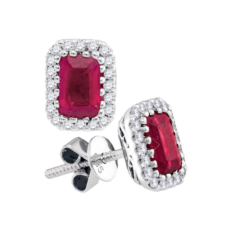 14kt White Gold Womens Emerald-cut Ruby Diamond Stud Earrings 1-1/2 Cttw