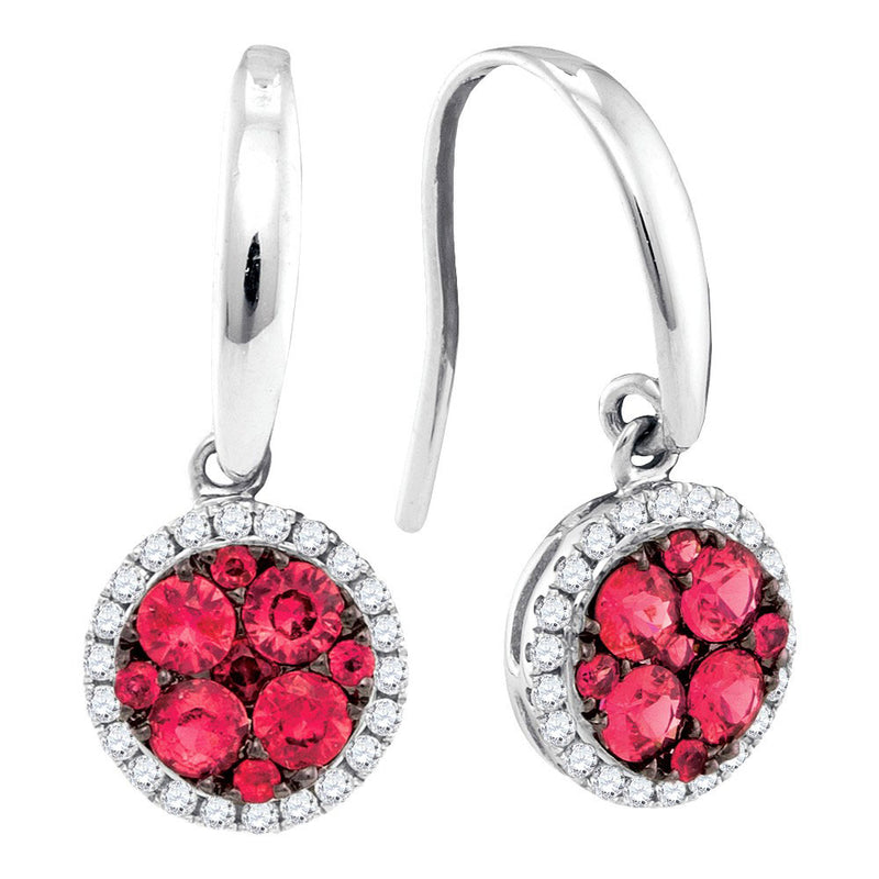 14kt White Gold Womens Round Ruby Diamond Dangle Earrings 7/8 Cttw