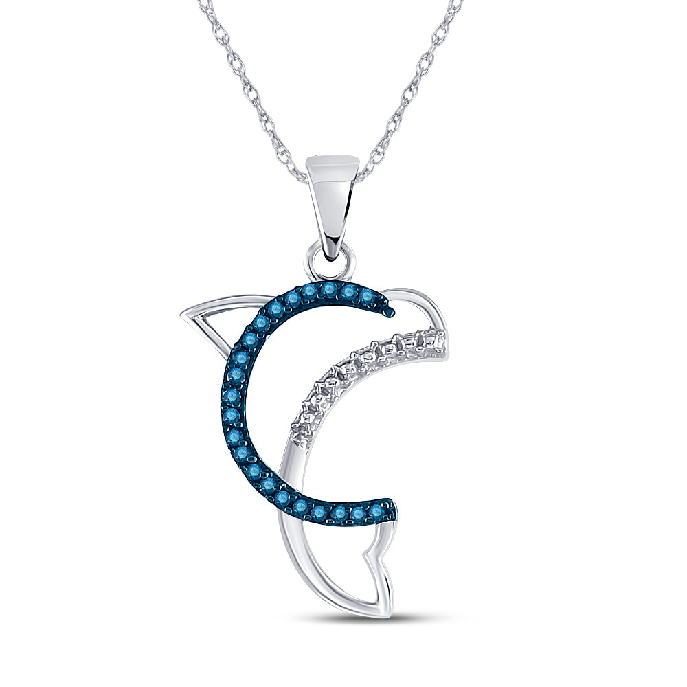 10kt White Gold Womens Round Blue Color Enhanced Diamond Dolphin Animal Pendant 1/10 Cttw