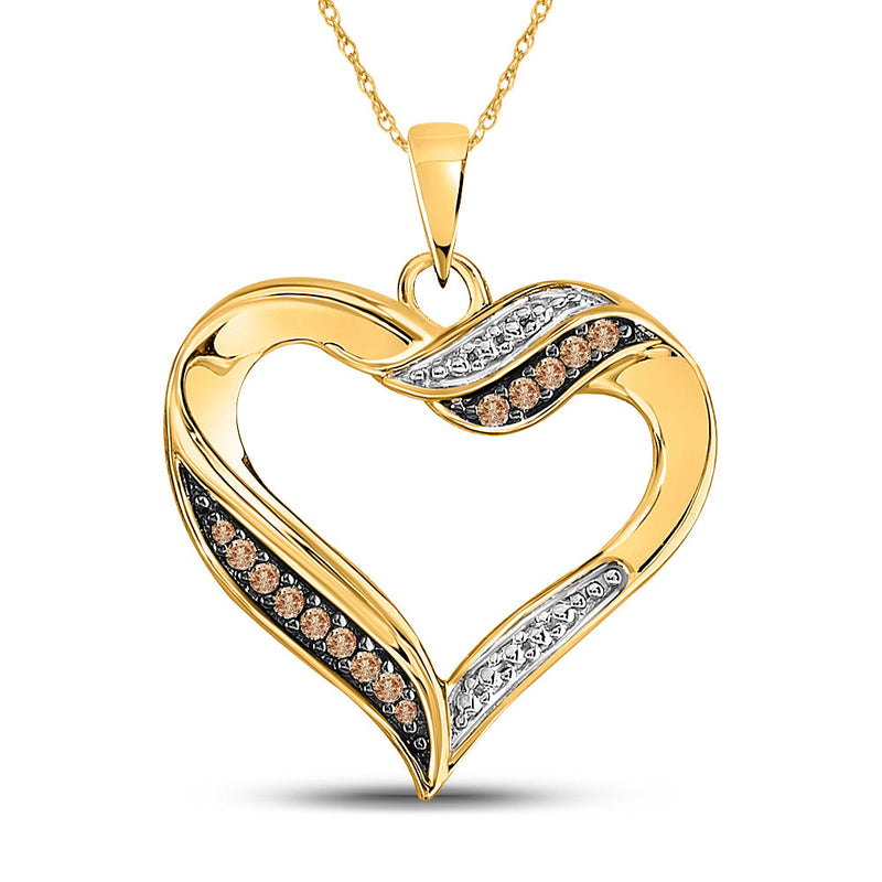 10kt Yellow Gold Womens Round Brown Diamond Heart Pendant 1/10 Cttw