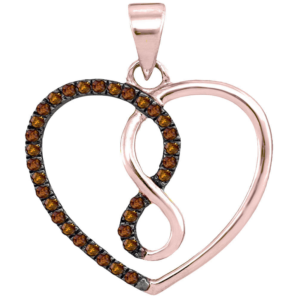 10kt Rose Gold Womens Round Brown Diamond Heart Infinity Pendant 1/8 Cttw