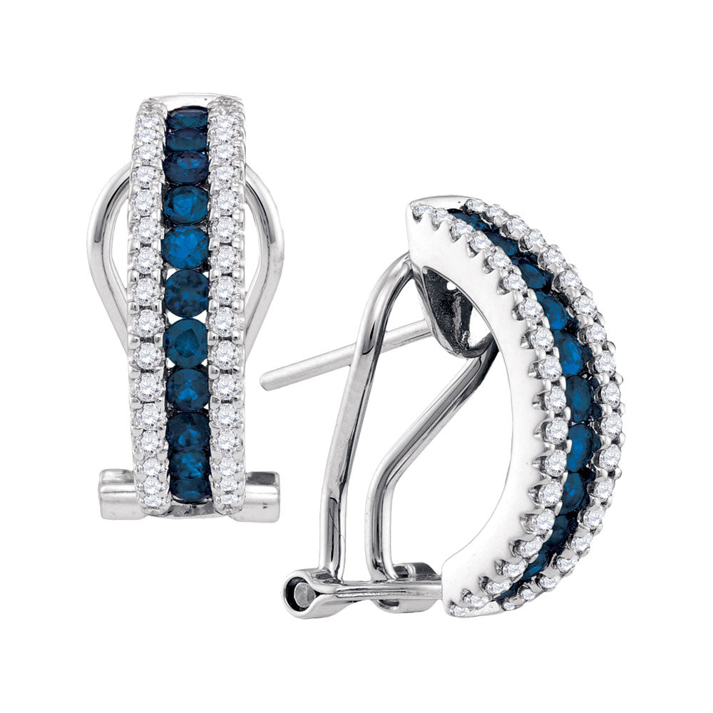 14kt White Gold Womens Round Blue Sapphire Vertical Diamond Stripe Hoop Earrings 1/2 Cttw