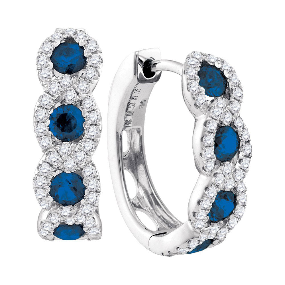 14kt White Gold Womens Round Natural Blue Sapphire Diamond Hoop Earrings 1-3/8 Cttw