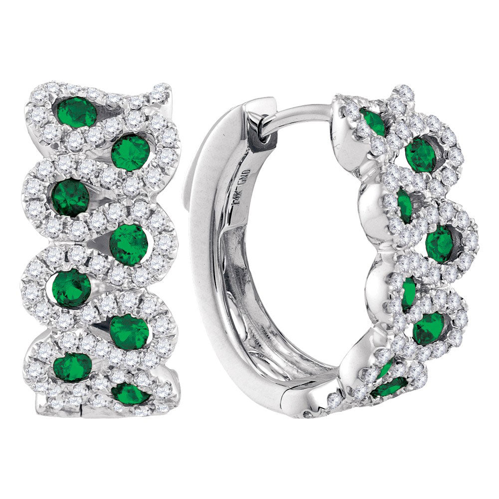 14kt White Gold Womens Round Emerald Diamond Hoop Earrings 1-3/8 Cttw