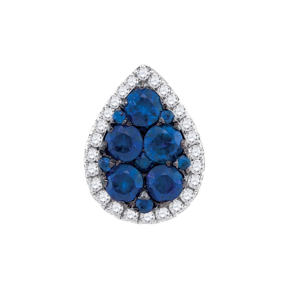 14kt White Gold Womens Round Natural Blue Sapphire Diamond Teardrop Cluster Pendant 7/8 Cttw