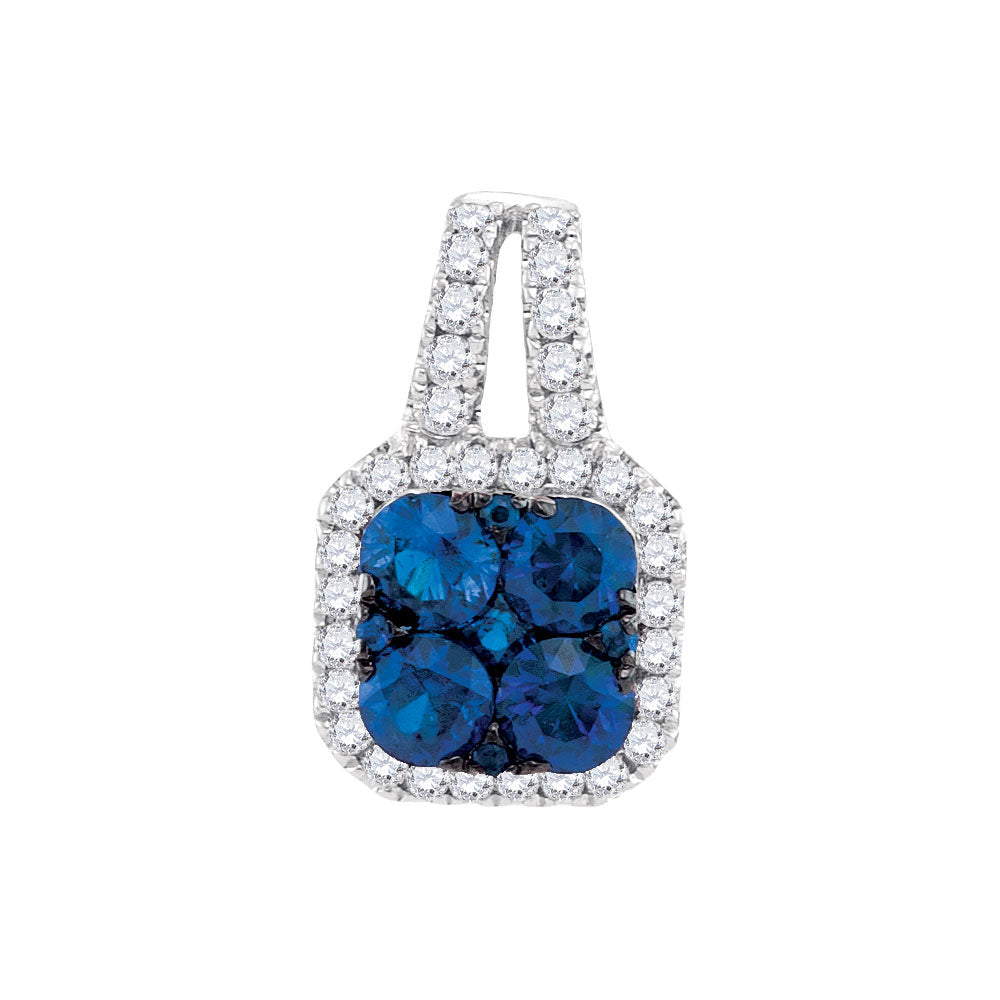 14kt White Gold Womens Round Blue Sapphire & Diamond Square Cluster Pendant 3/4 Cttw