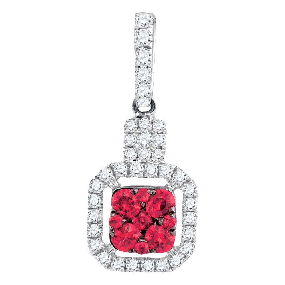 14kt White Gold Womens Round Ruby Cluster Diamond Square Pendant 1/2 Cttw