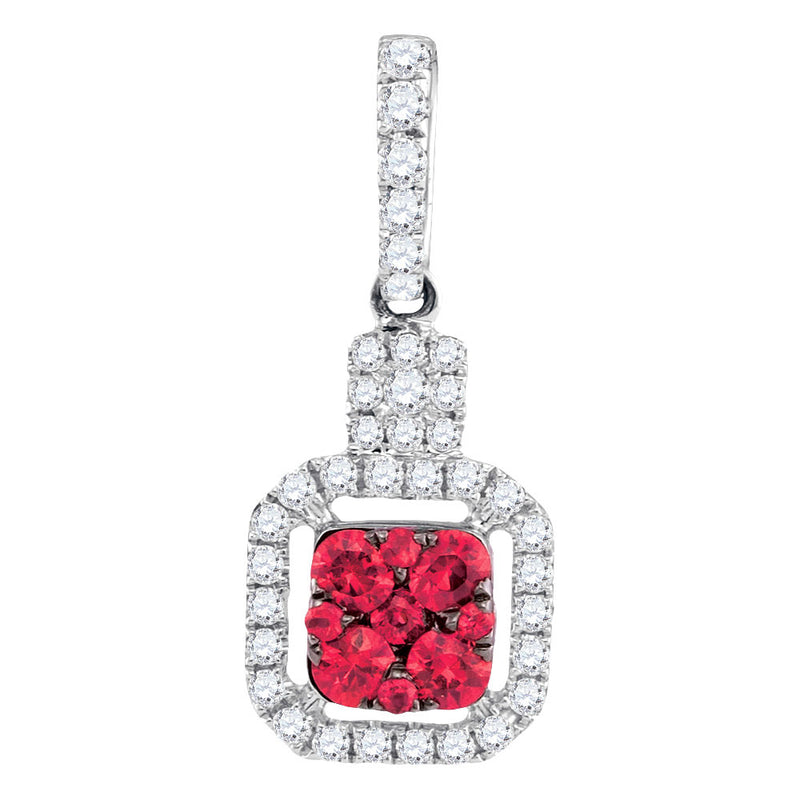 14kt White Gold Womens Round Ruby Cluster Diamond Square Pendant 1/2 Cttw