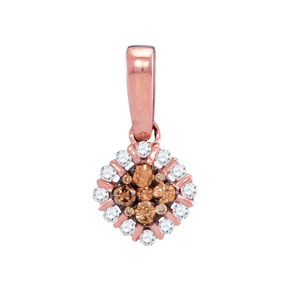 14kt Rose Gold Womens Round Brown Diamond Diagonal Square Pendant 1/4 Cttw