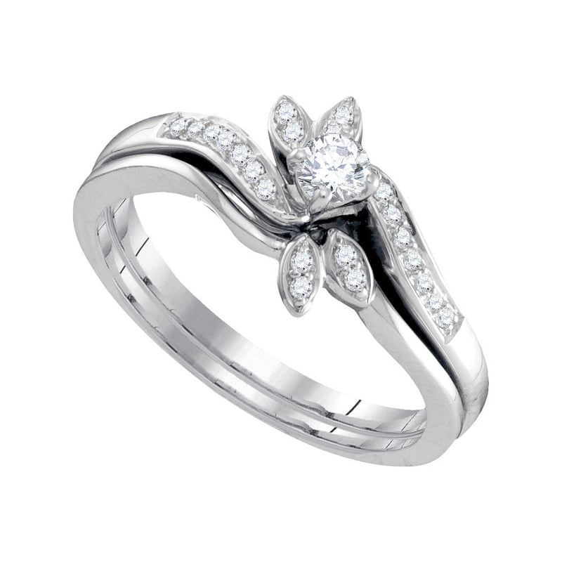 10kt White Gold Round Diamond Leaf Floral Bridal Wedding Ring Band Set 1/4 Cttw