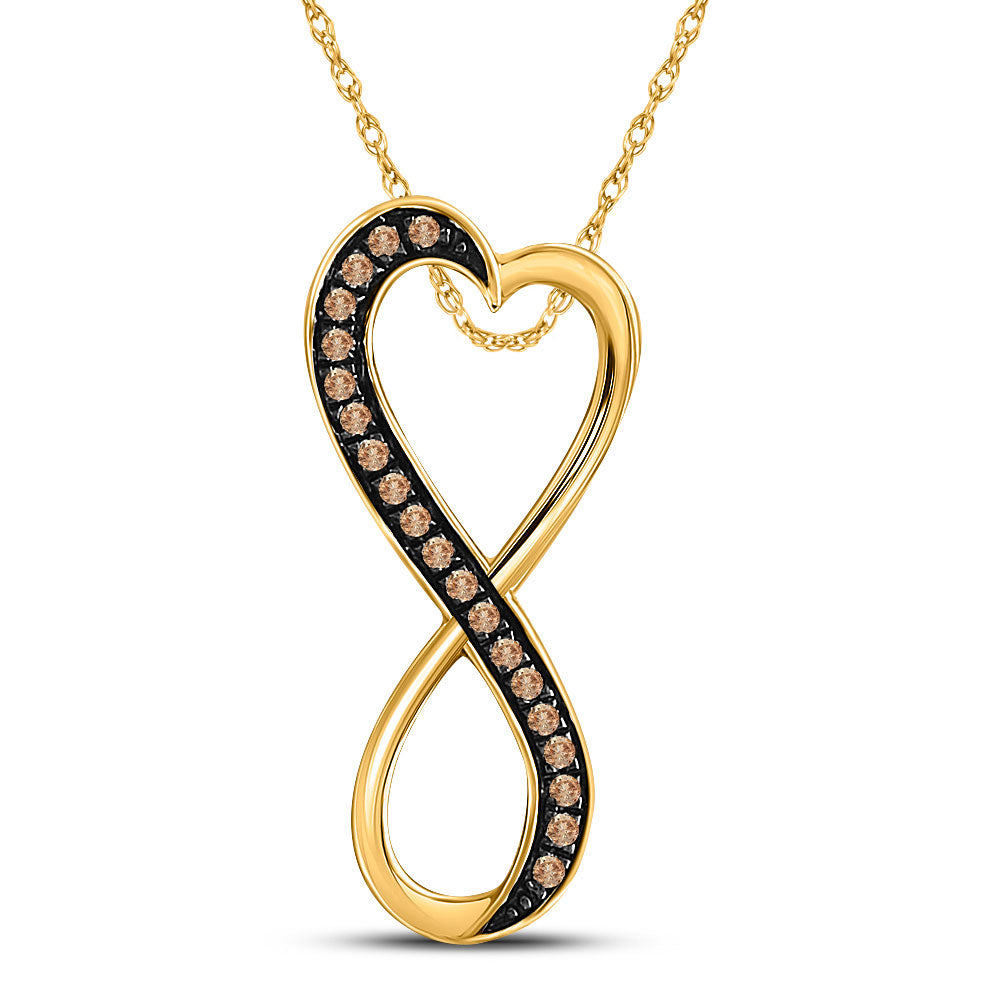 10kt Yellow Gold Womens Round Brown Diamond Heart Infinity Pendant 1/10 Cttw