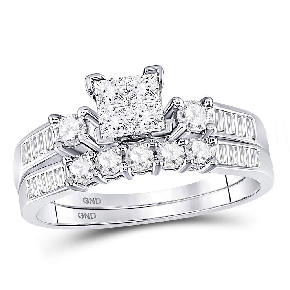 14kt White Gold Princess Diamond Bridal Wedding Ring Band Set 7/8 Cttw